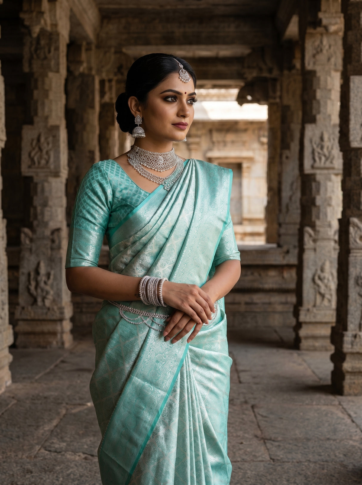 MIMOSA Rama Kanjivaram Art Silk Saree — Close-up of Saree Body and Pallu