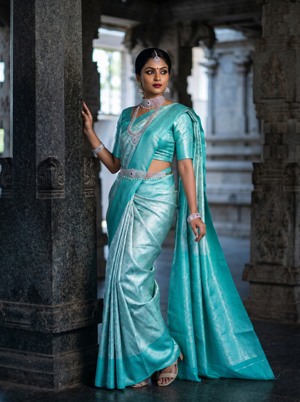 MIMOSA Rama Kanjivaram Art Silk Saree — Mid-section showing pleats