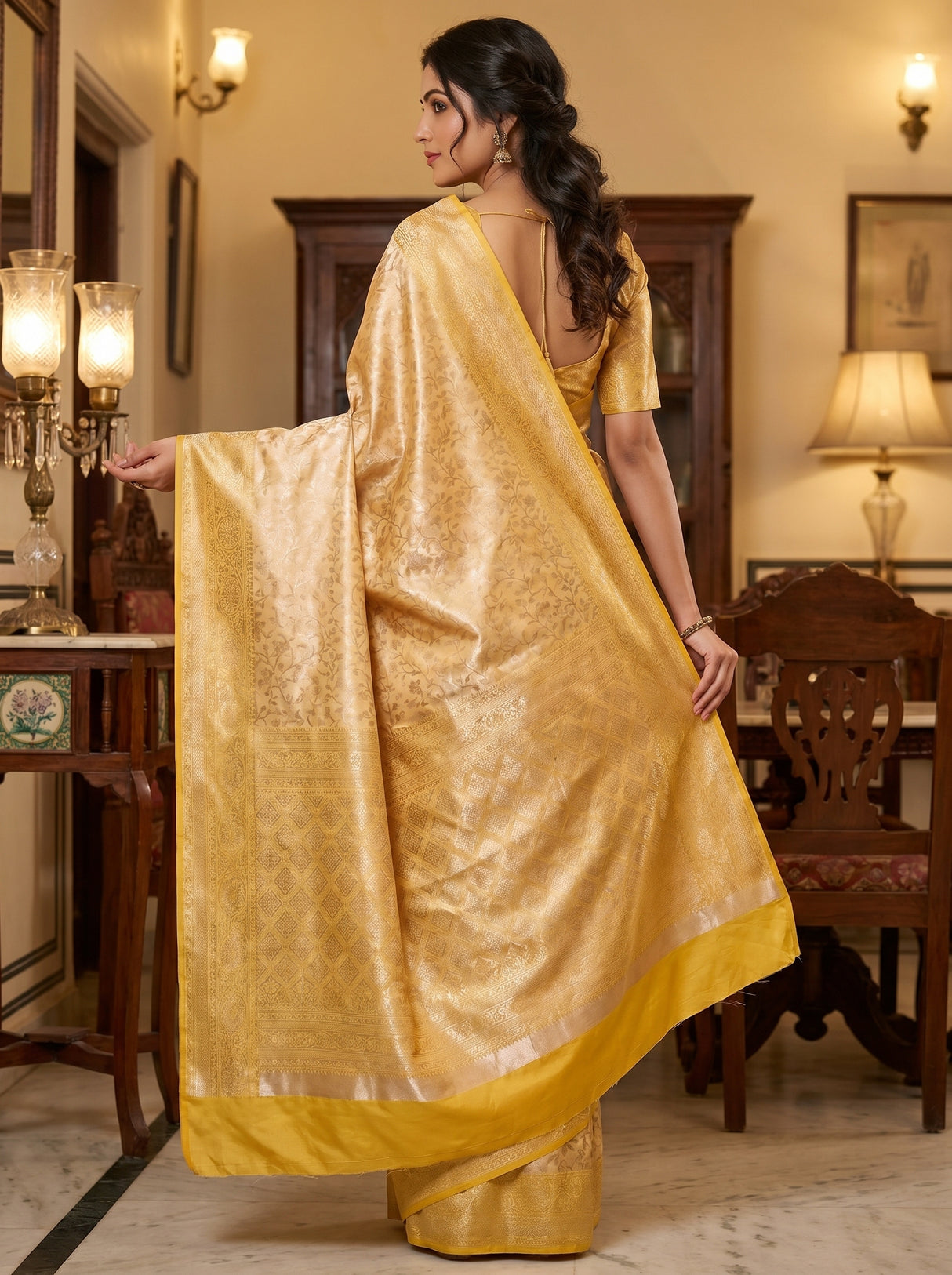 MIMOSA Mustard Kanjivaram Art Silk Saree β close up of blouse and jewelry