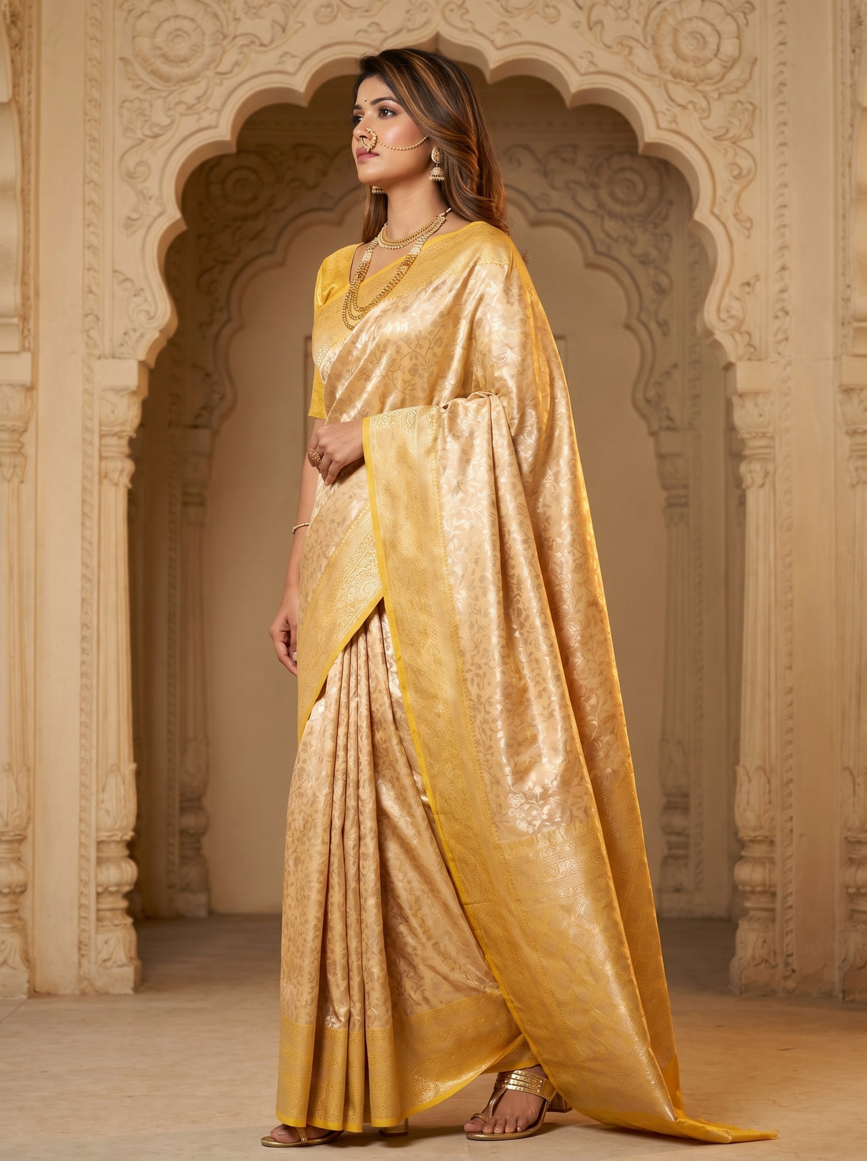MIMOSA Mustard Kanjivaram Art Silk Saree β side view showing drape