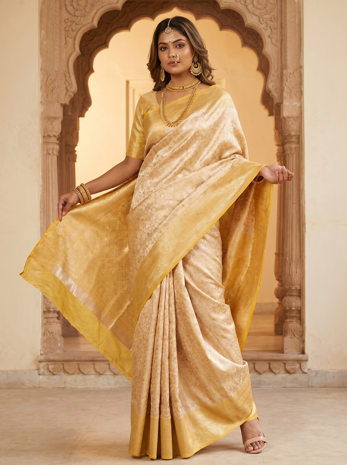 MIMOSA Mustard Kanjivaram Art Silk Saree β view of the pallu and pleats
