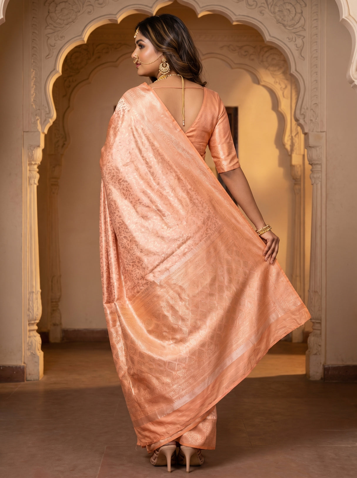 MIMOSA Peach Kanjivaram Art Silk Saree β close up of blouse and jewelry