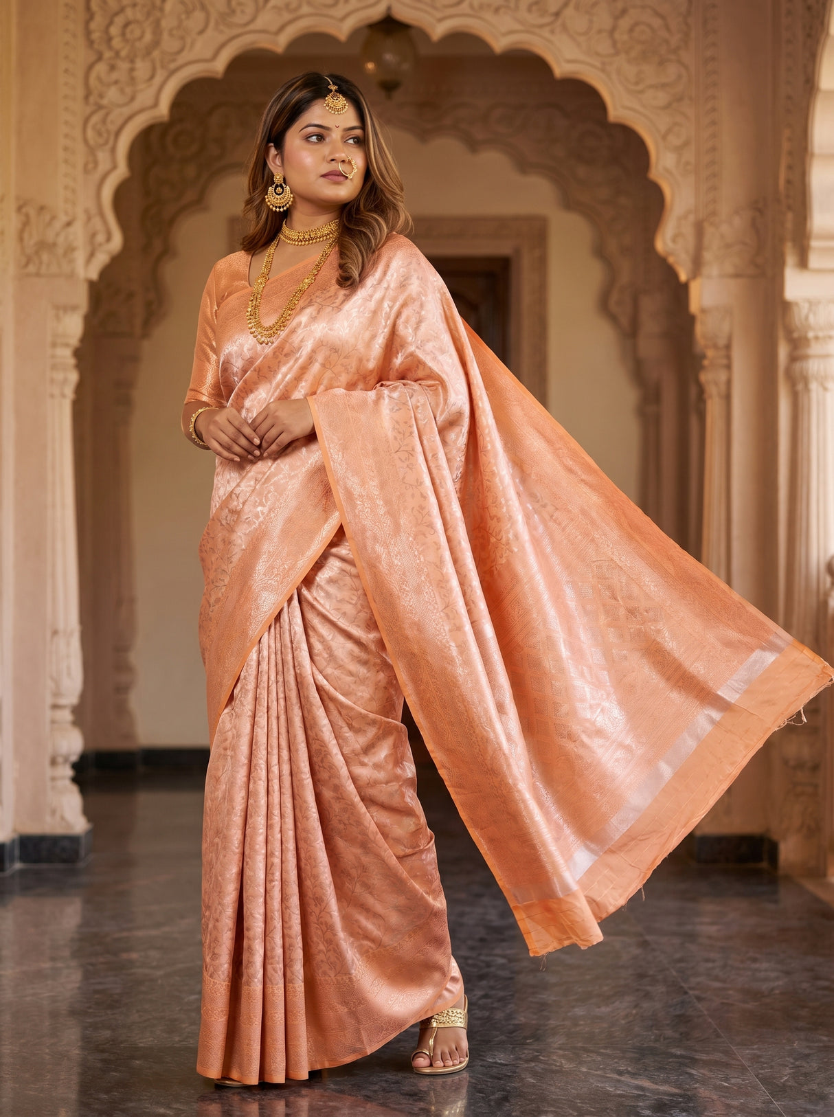 MIMOSA Peach Kanjivaram Art Silk Saree β view of the pallu and pleats
