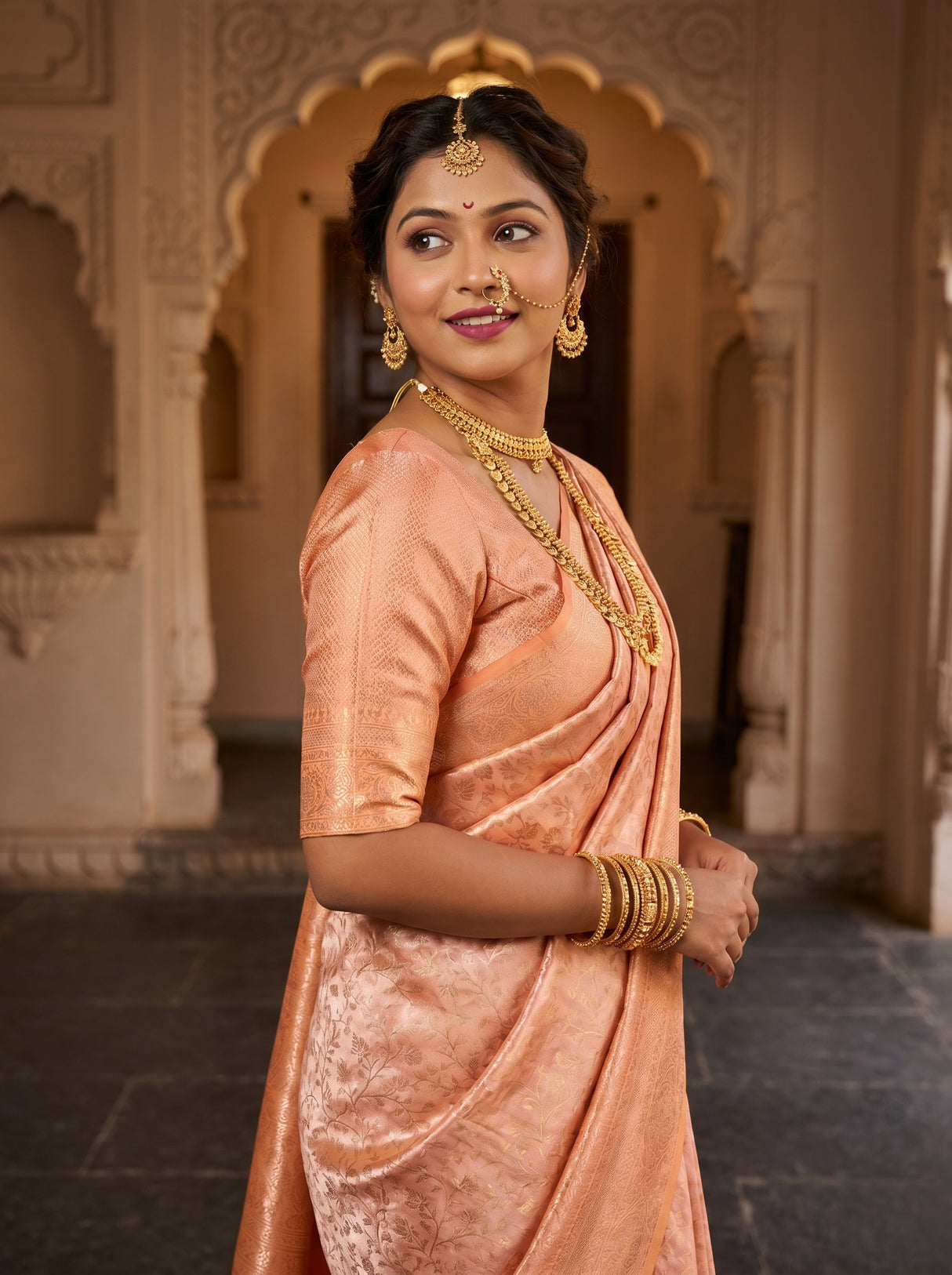 MIMOSA Peach Kanjivaram Art Silk Saree β pose 9 styling detail
