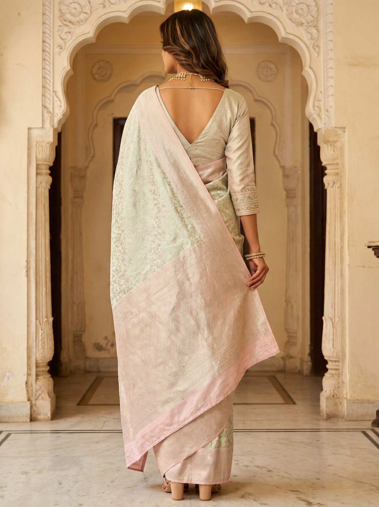 MIMOSA Pink Kanjivaram Art Silk Saree β close up of blouse and jewelry