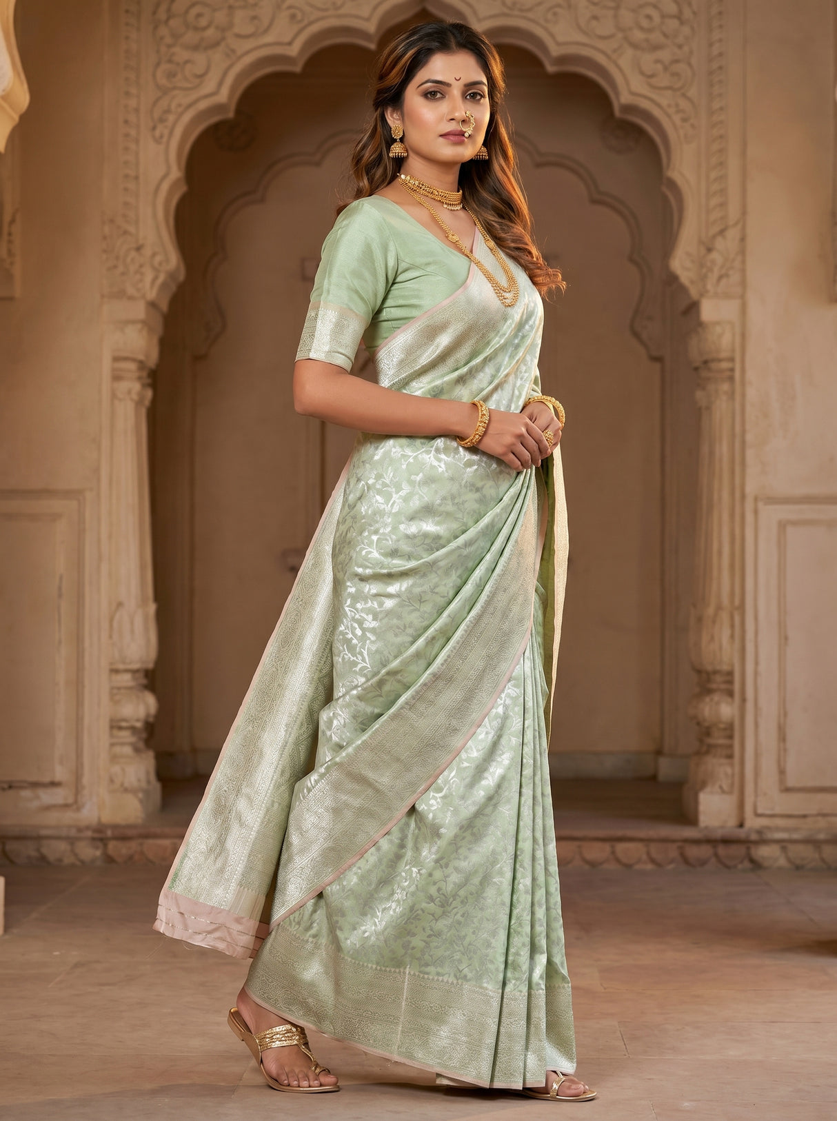 MIMOSA Pista Kanjivaram Art Silk Saree β side view showing drape