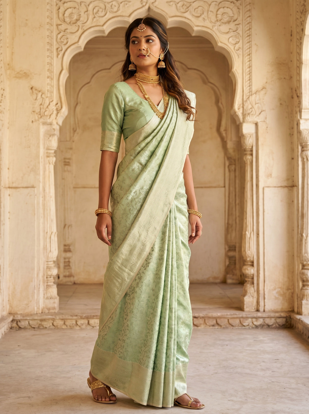 MIMOSA Pista Kanjivaram Art Silk Saree β view of the pallu and pleats