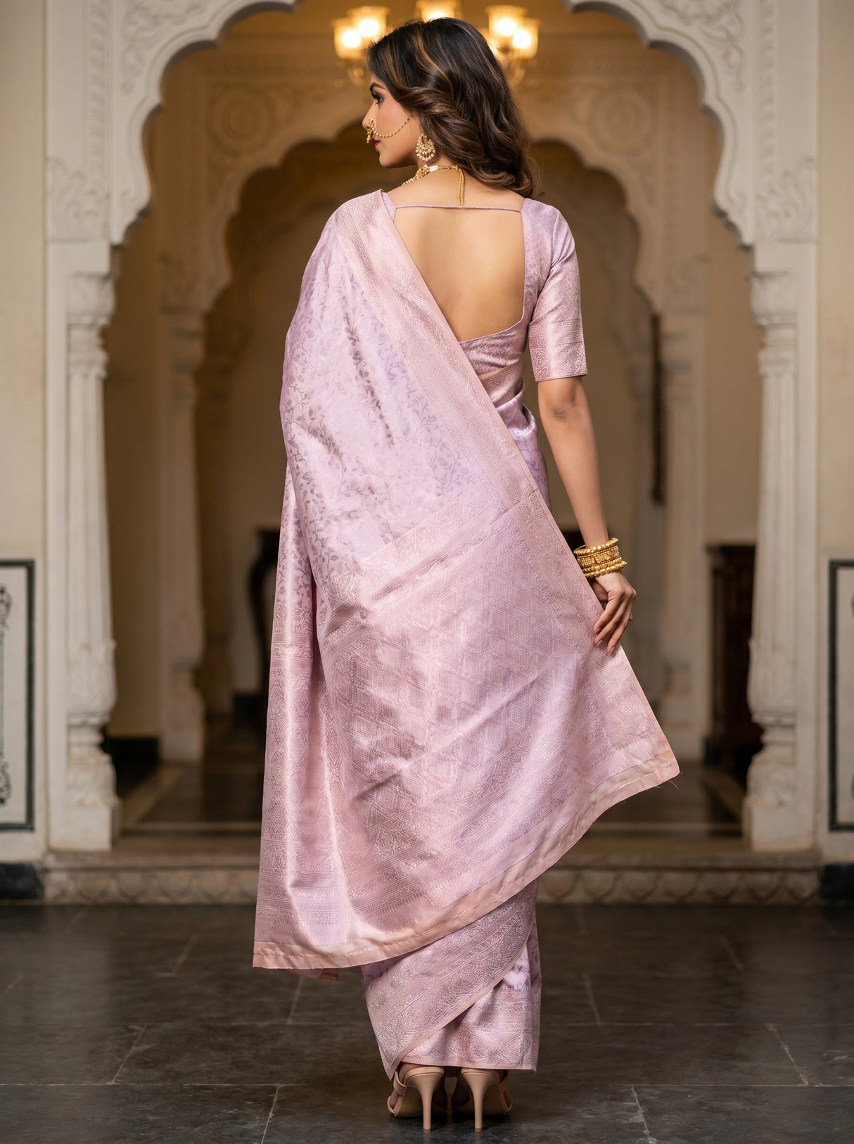 MIMOSA Violet Kanjivaram Art Silk Saree β close up of blouse and jewelry