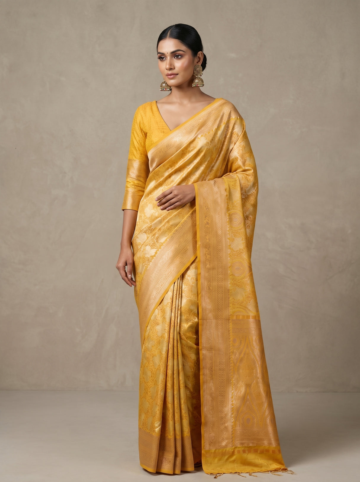 MIMOSA Mustard Kanjivaram Art Silk Saree β close-up of the pleats and border