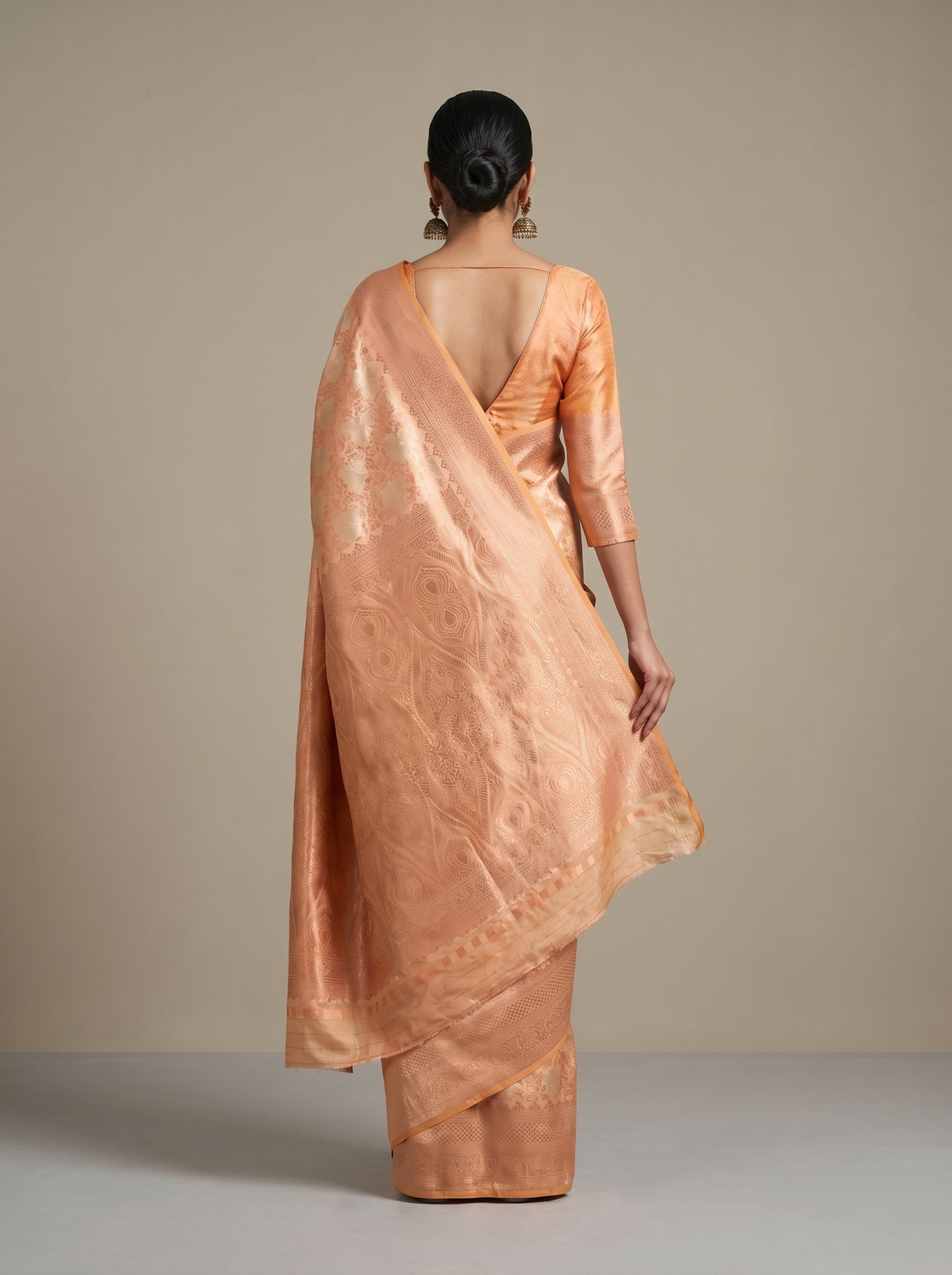 MIMOSA Peach Kanjivaram Art Silk Saree β close-up of blouse and necklace