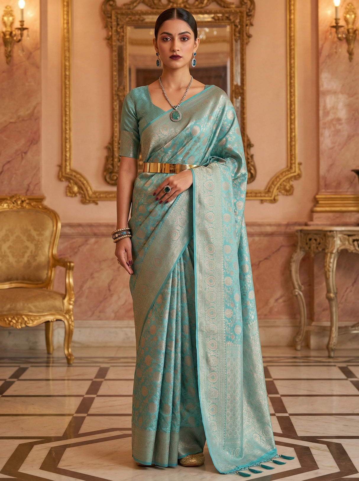 MIMOSA Ananda Kanjivaram Art Silk Saree β Lower Body and Drape Detail