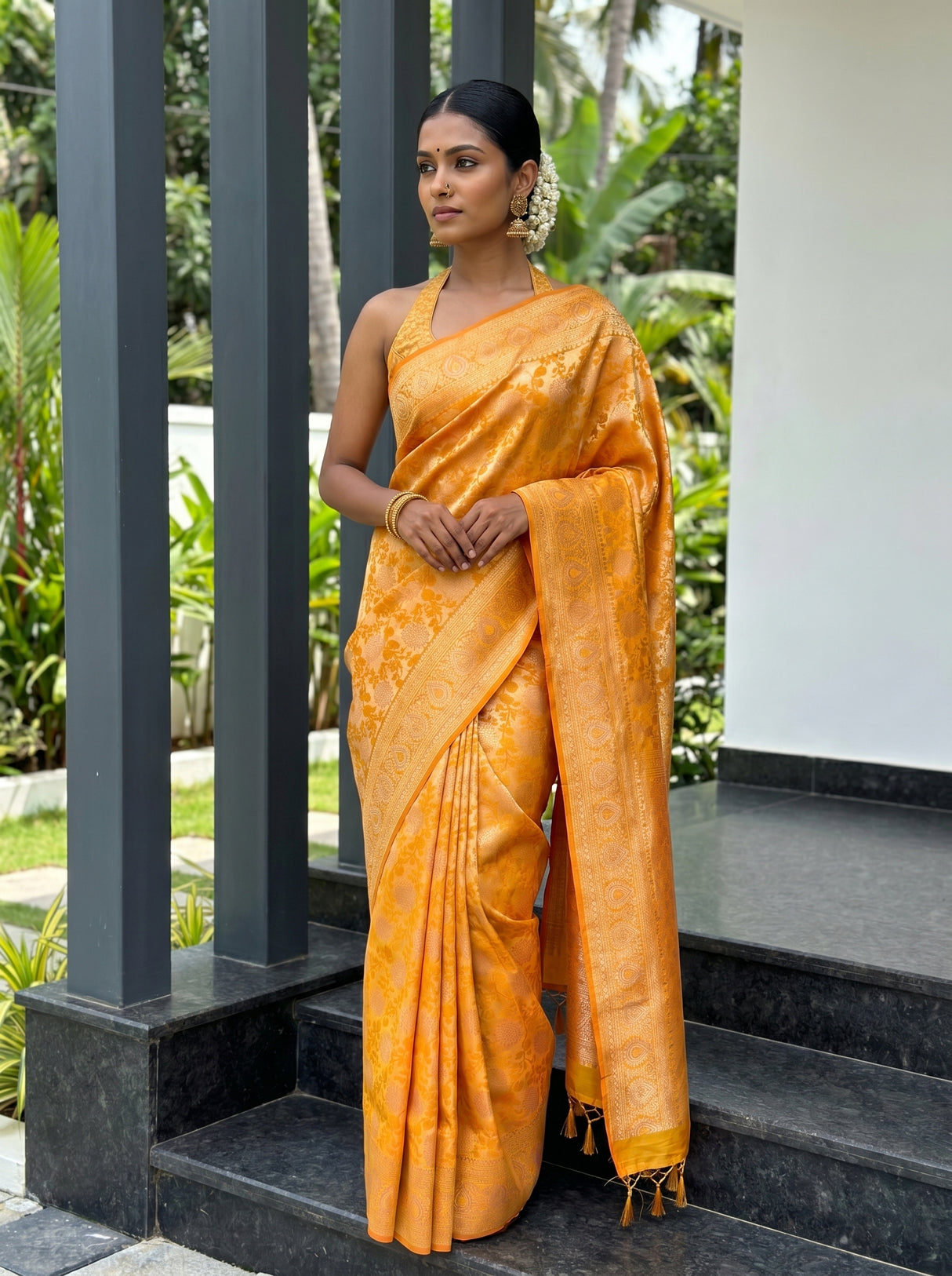 MIMOSA Mustard Kanjivaram Art Silk Saree β Close-up of Draped Fabric