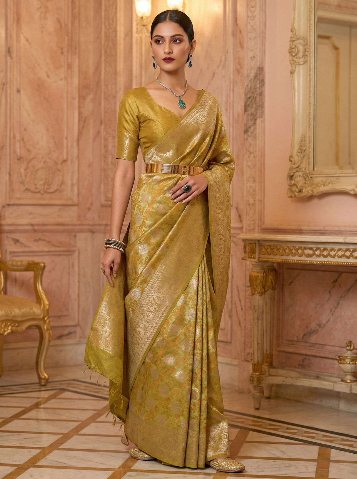 MIMOSA Olive Kanjivaram Art Silk Saree β Close-up of Face and Blouse