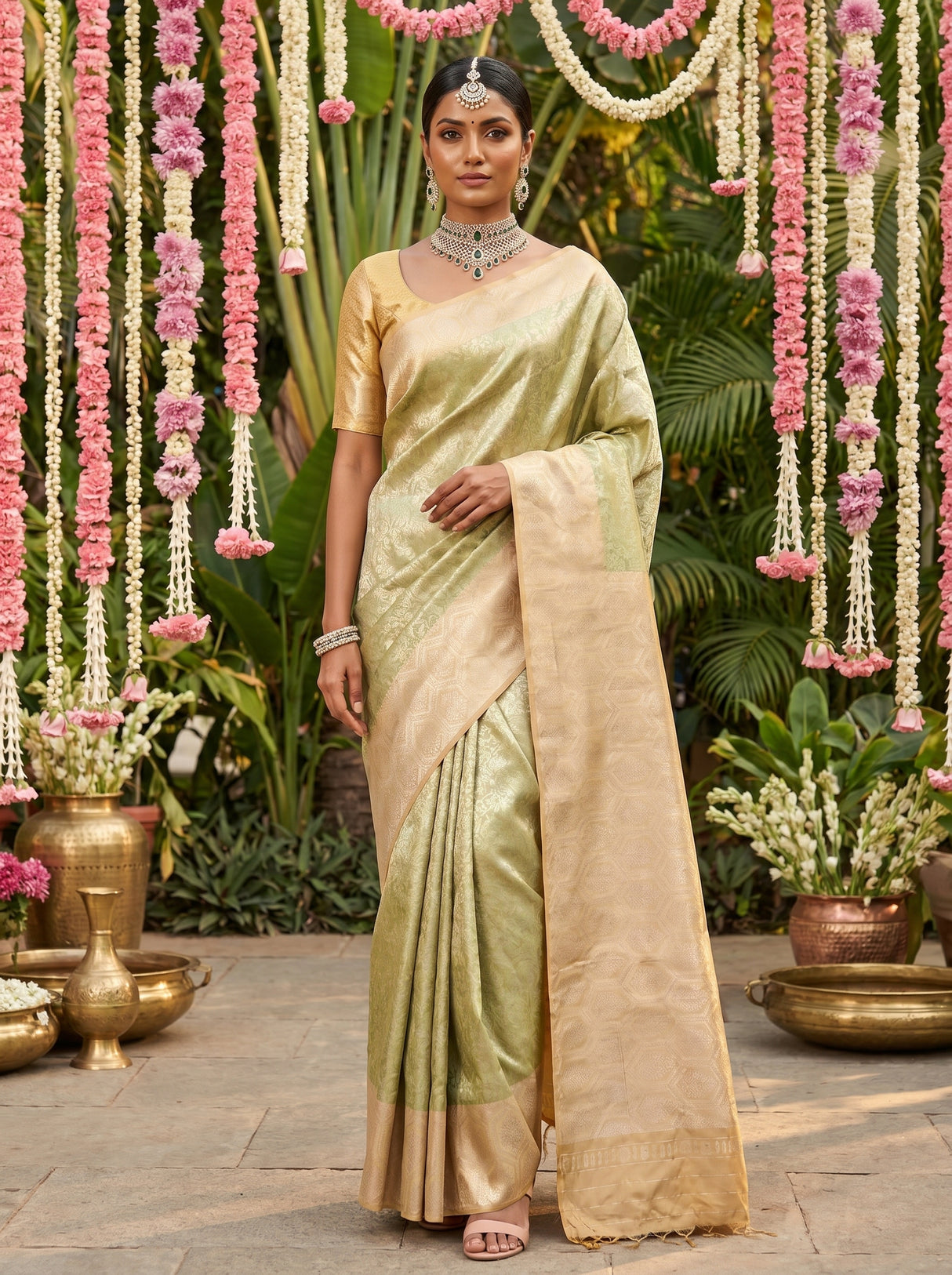 MIMOSA Olive Kanjivaram Art Silk Saree β full view of the model standing