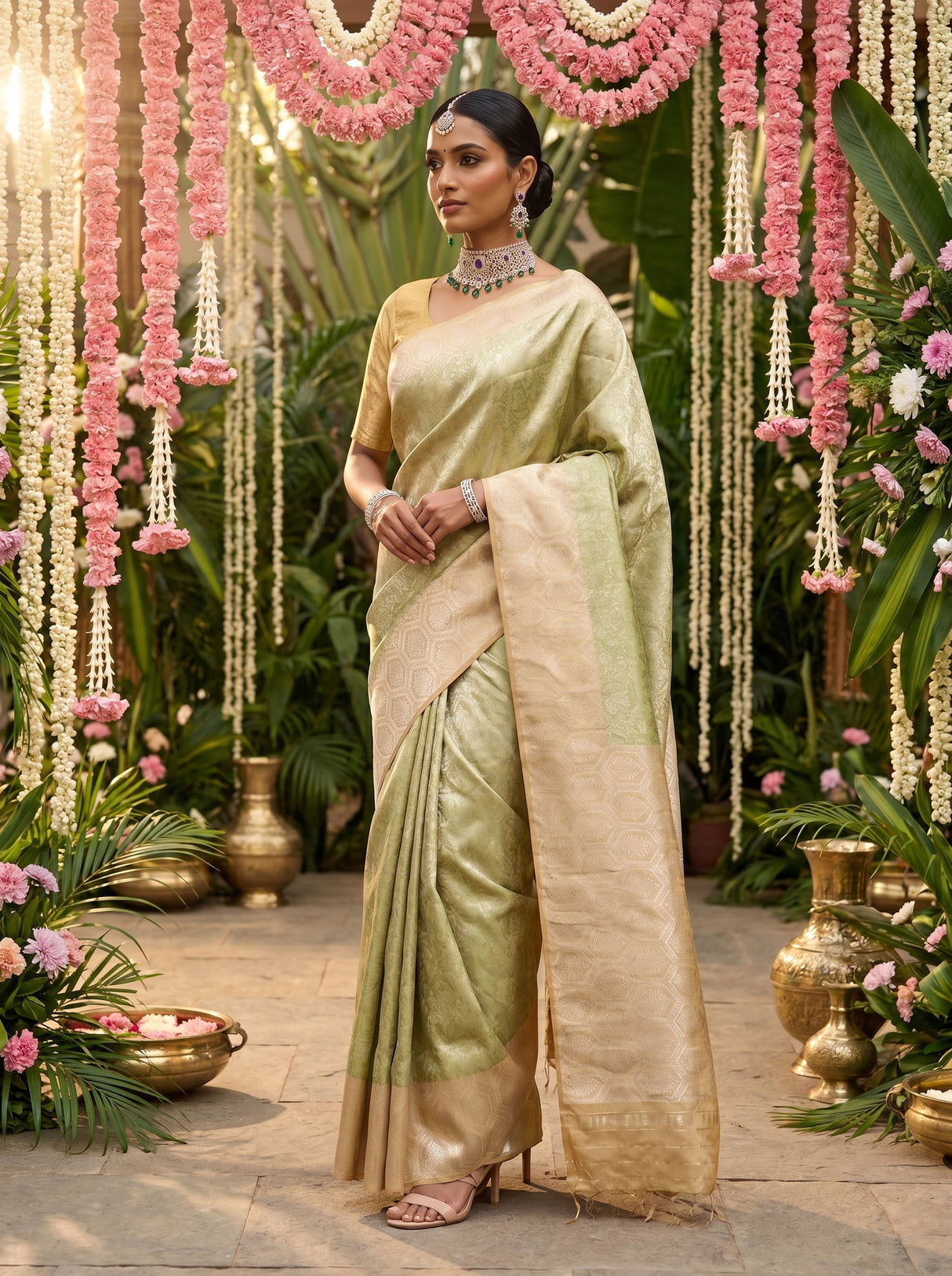 MIMOSA Olive Kanjivaram Art Silk Saree β close-up of the pallu and border pattern