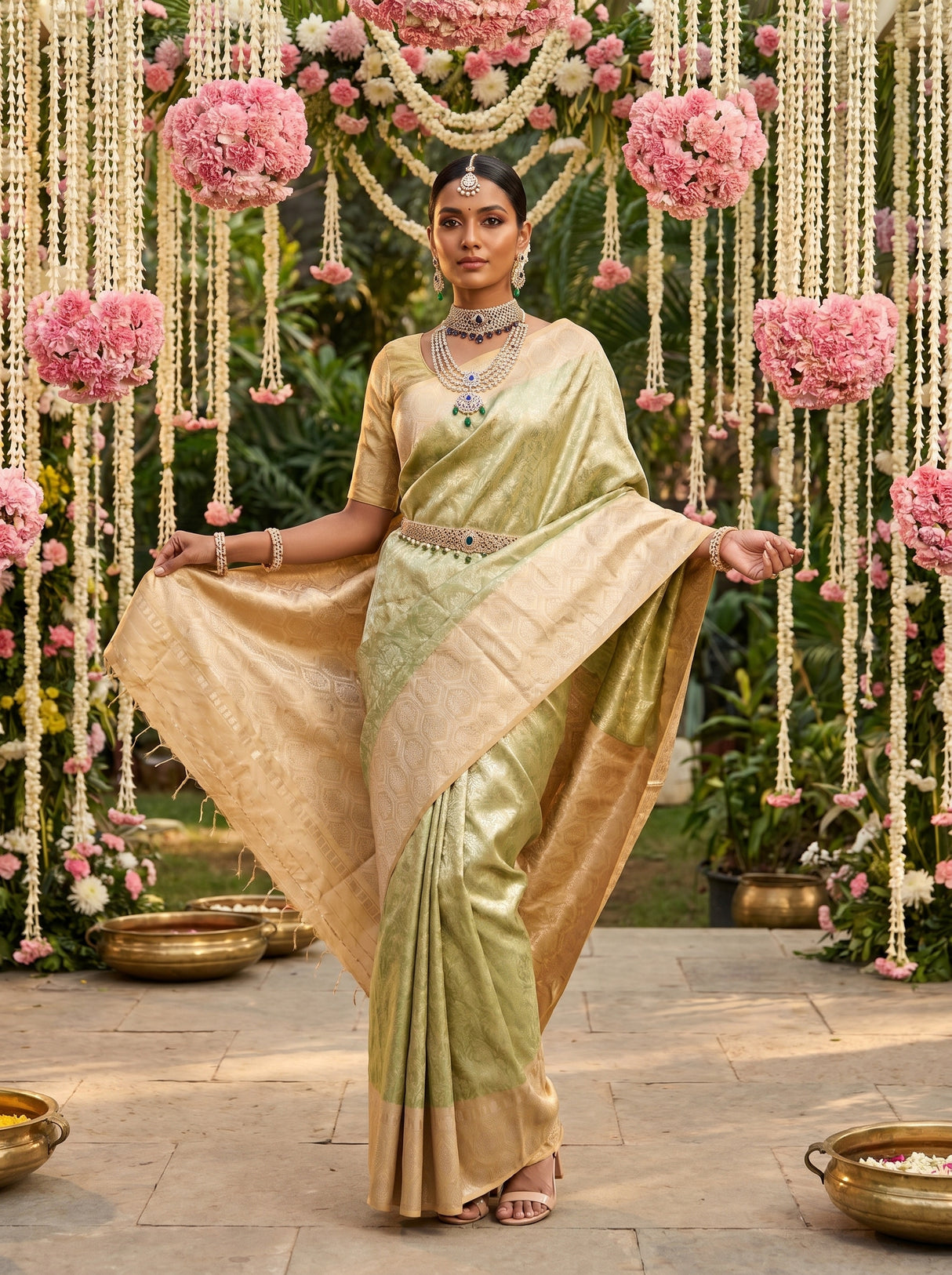 MIMOSA Olive Kanjivaram Art Silk Saree β detailed shot of the saree pleats and border