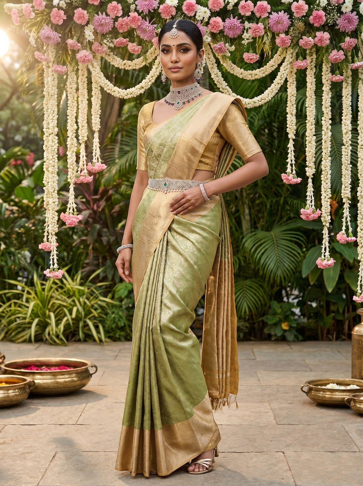 MIMOSA Olive Kanjivaram Art Silk Saree β pose 7 styling detail