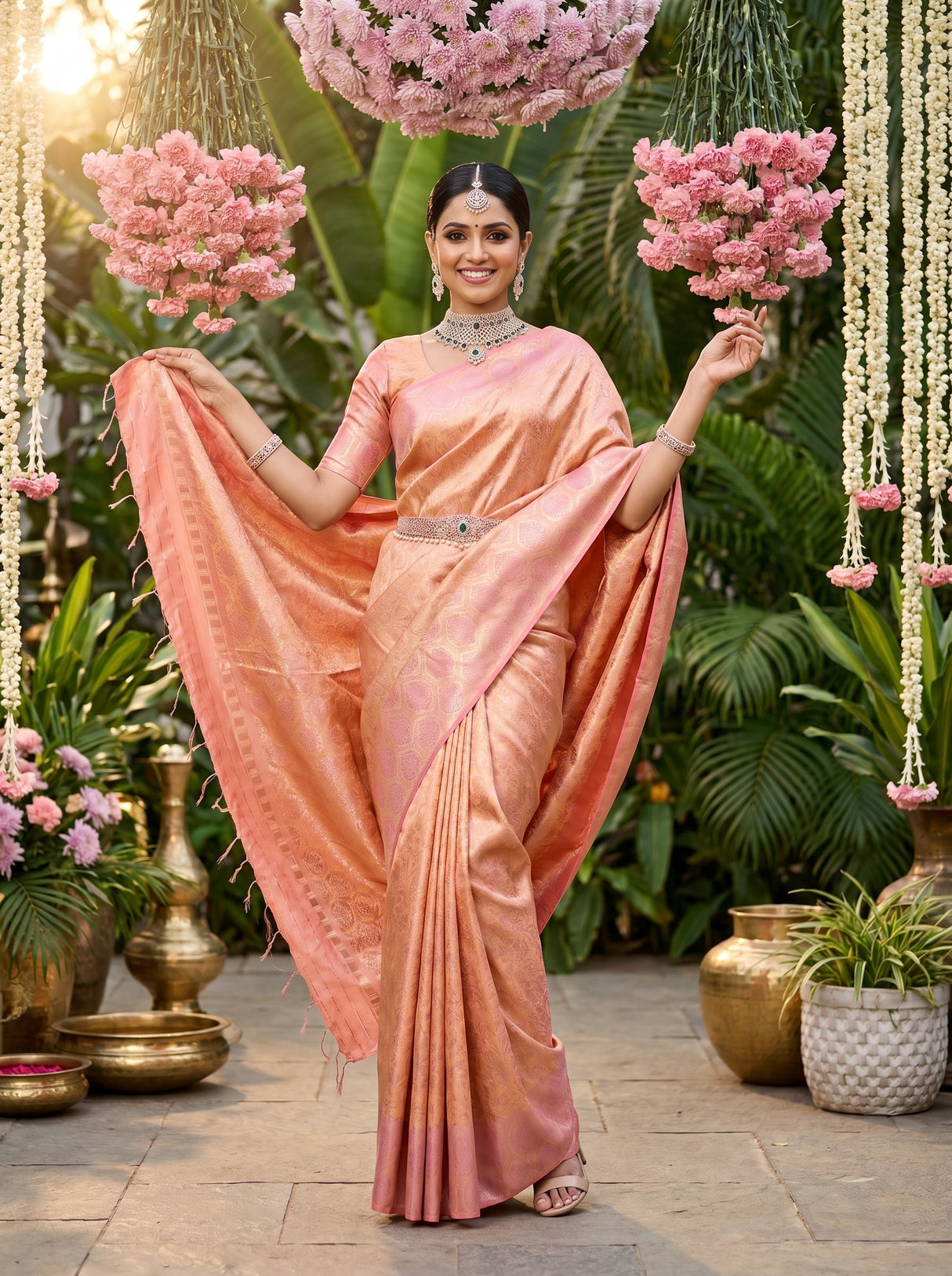 MIMOSA Peach Kanjivaram Art Silk Saree β detailed shot of the saree pleats and border