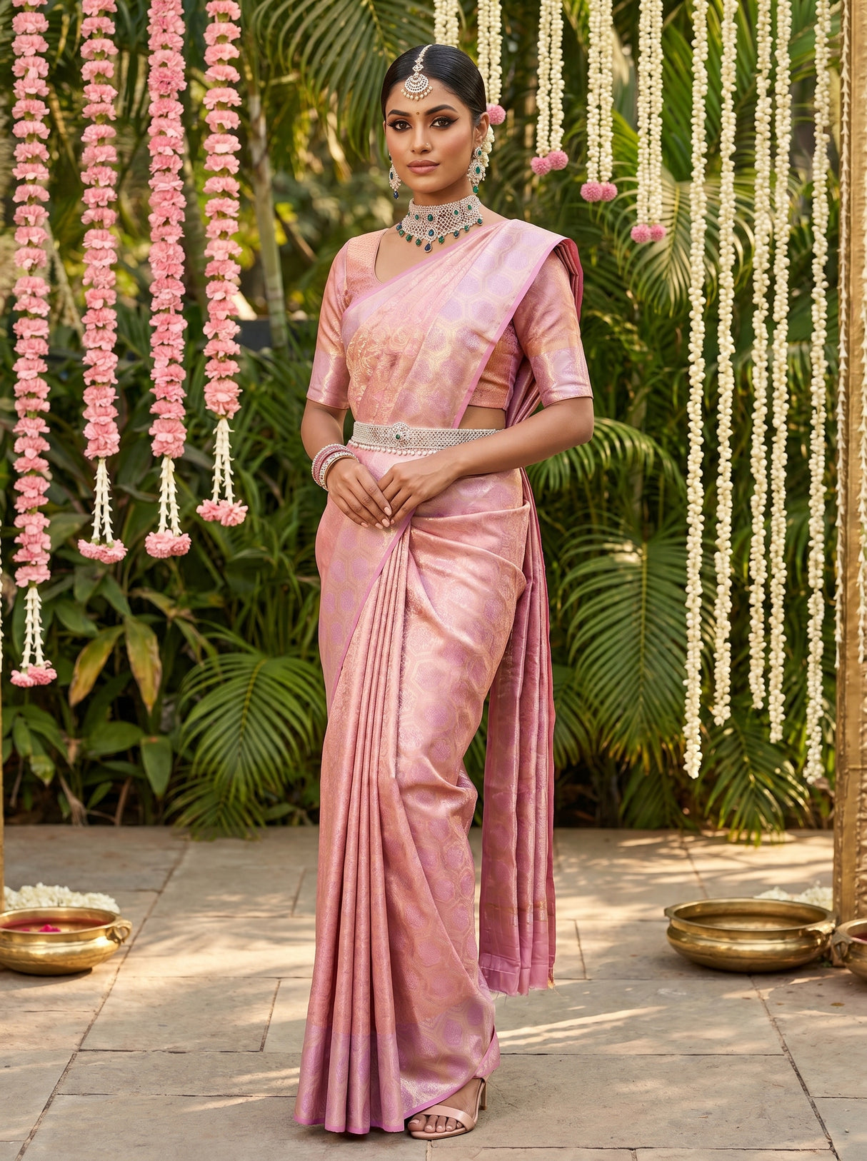 MIMOSA Pink Kanjivaram Art Silk Saree β close-up of the pallu and border pattern