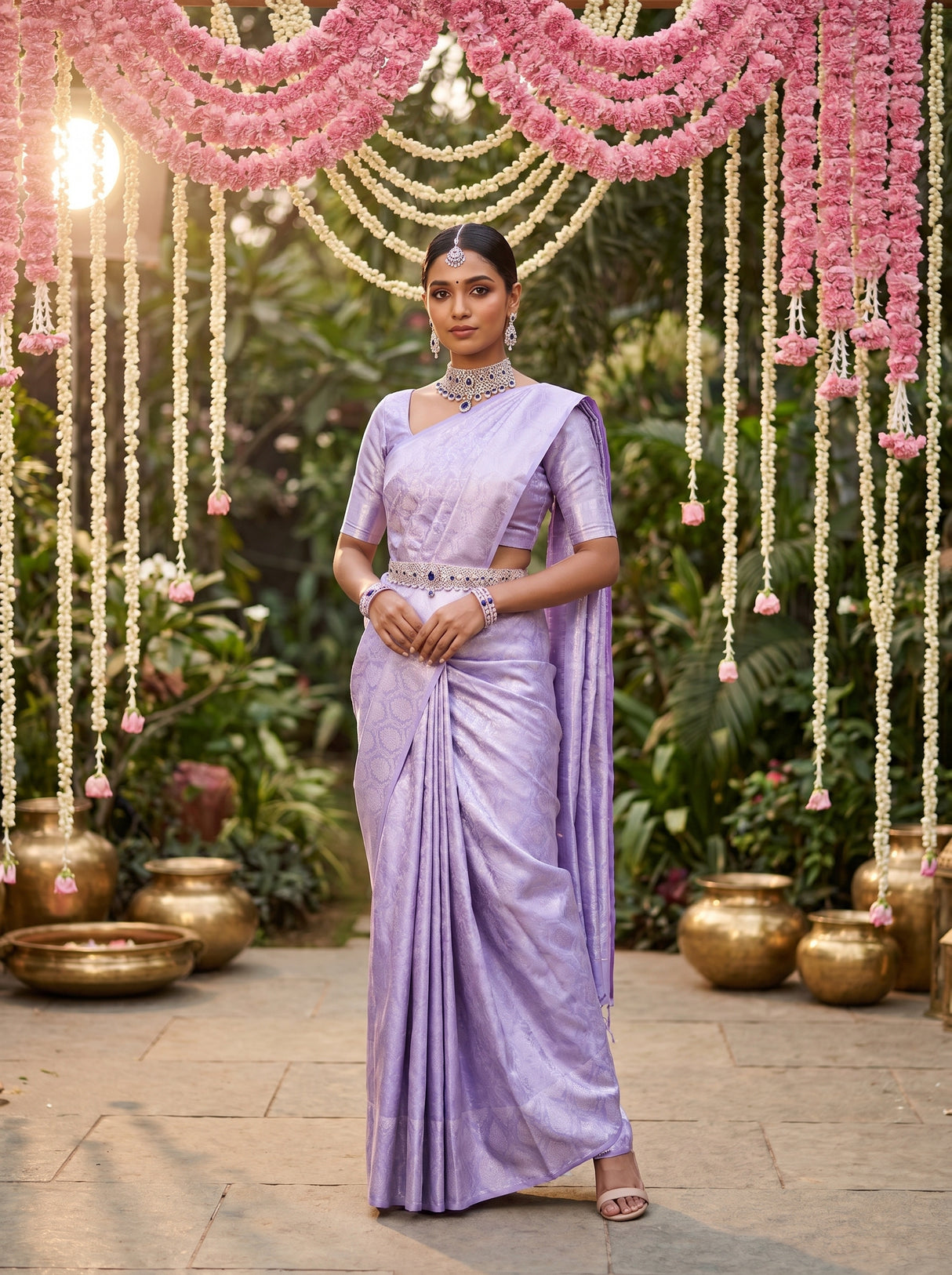 MIMOSA Violet Kanjivaram Art Silk Saree β full view of the model standing