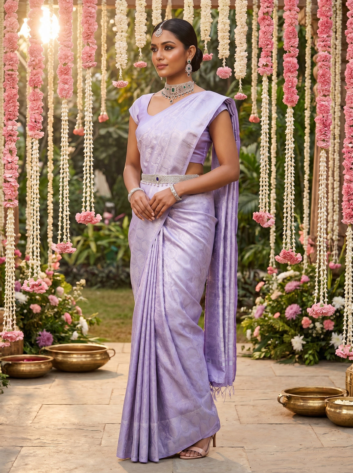 MIMOSA Violet Kanjivaram Art Silk Saree β mid-shot showing the drape and border