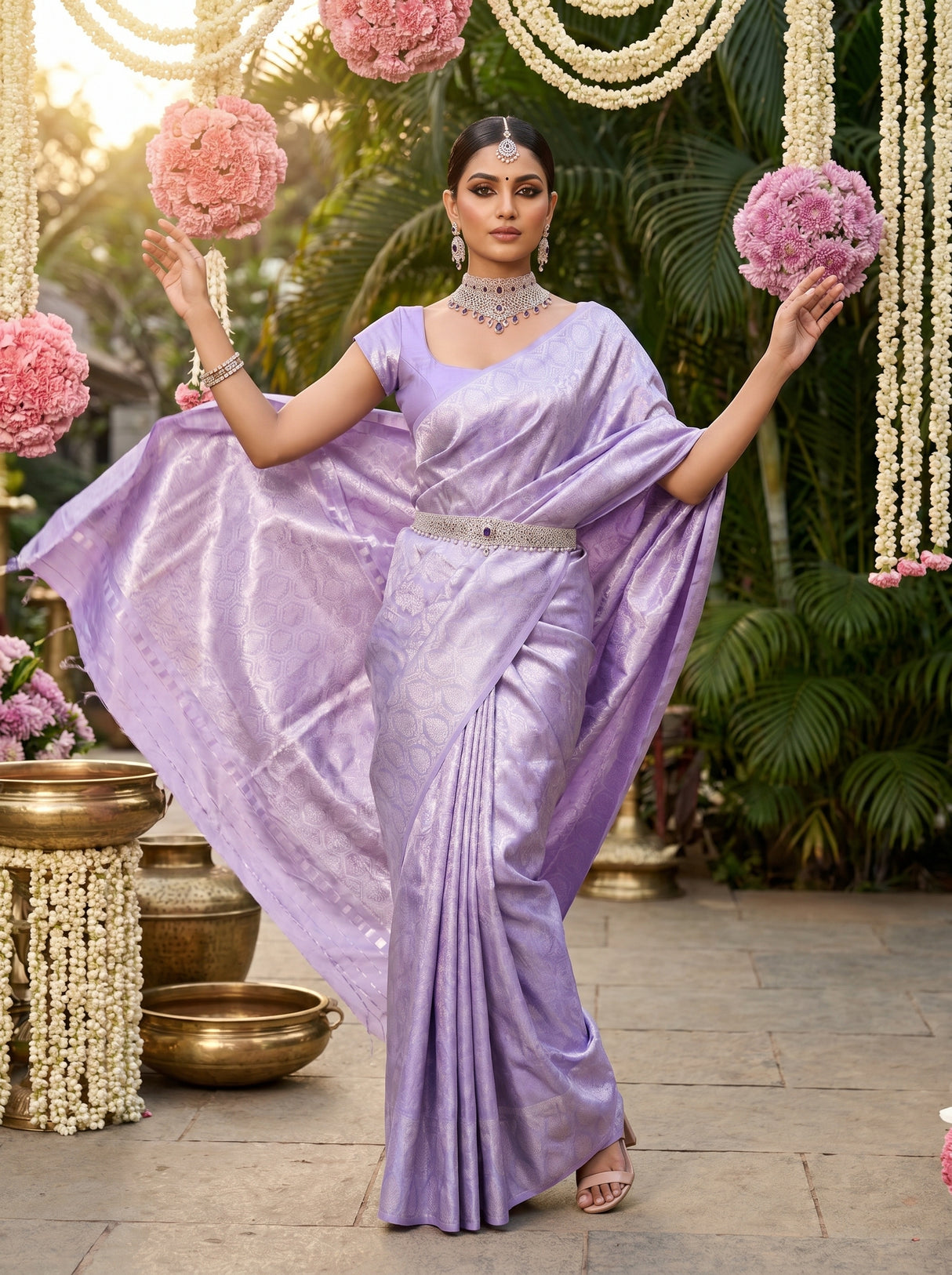 MIMOSA Violet Kanjivaram Art Silk Saree β close-up of the pallu and border pattern