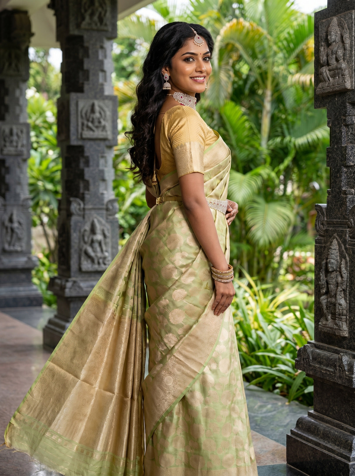 MIMOSA Olive Kanjivaram Art Silk Saree β pose 9 styling detail