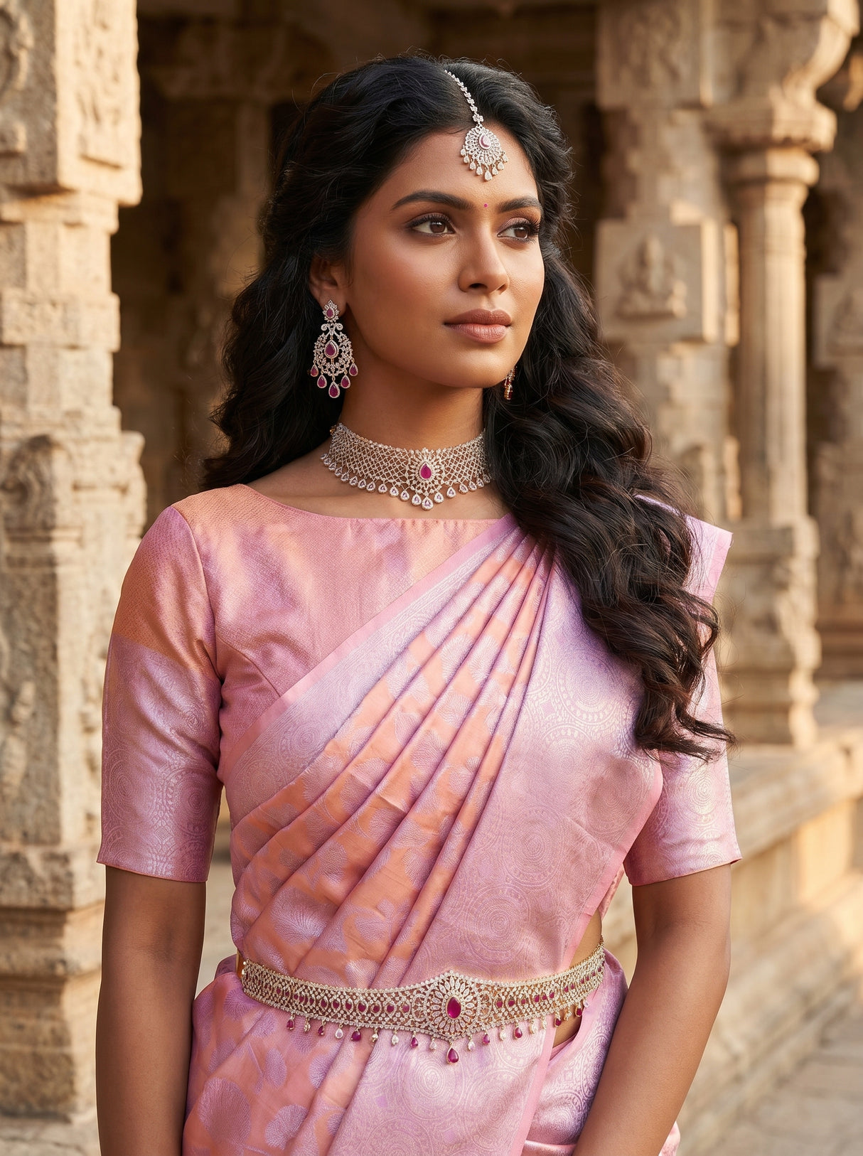 MIMOSA Pink Kanjivaram Art Silk Saree β pose 10 styling detail