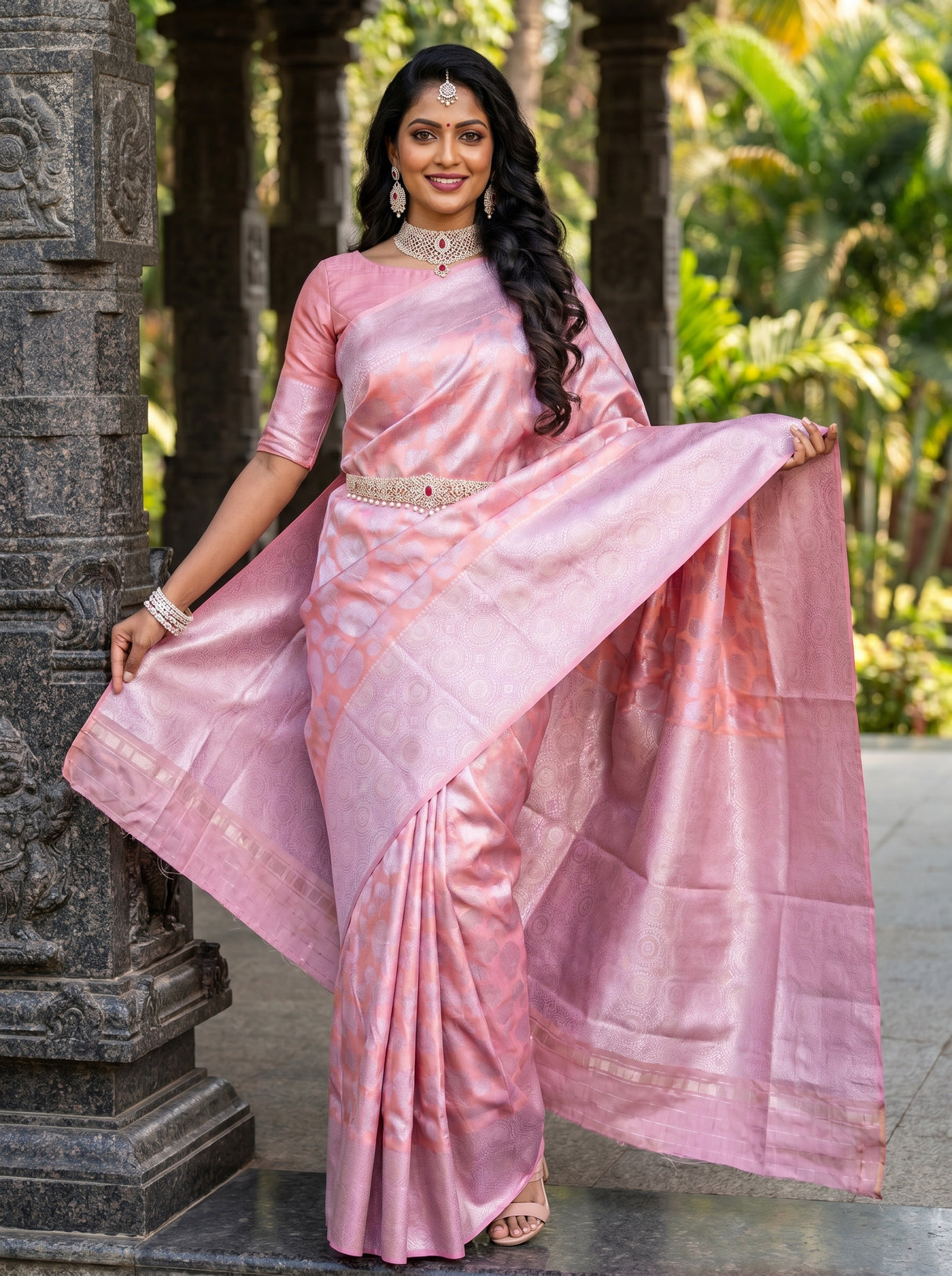 MIMOSA Pink Kanjivaram Art Silk Saree β pose 6 styling detail