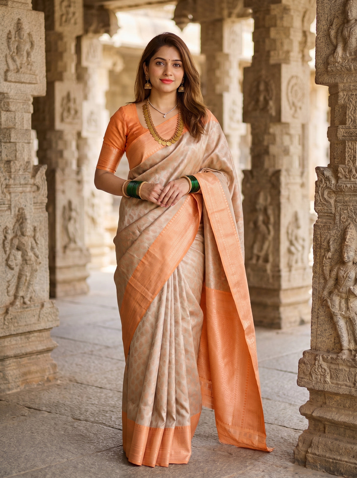 MIMOSA Chikoo Kanjivaram Art Silk Saree — mid-section showing drape and bangles