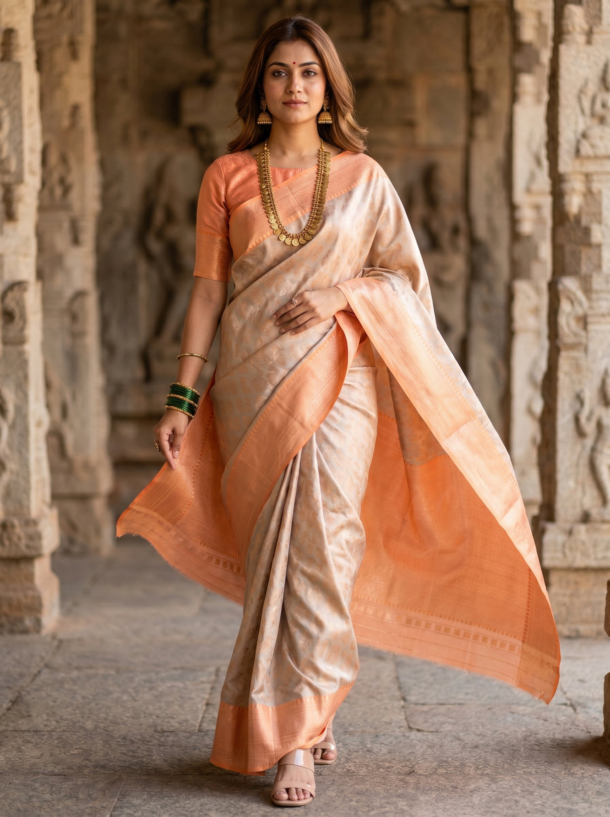 MIMOSA Chikoo Kanjivaram Art Silk Saree — side view of border detail
