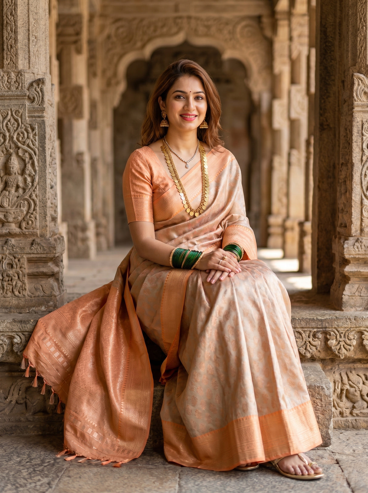 MIMOSA Chikoo Kanjivaram Art Silk Saree — close-up of drape and border