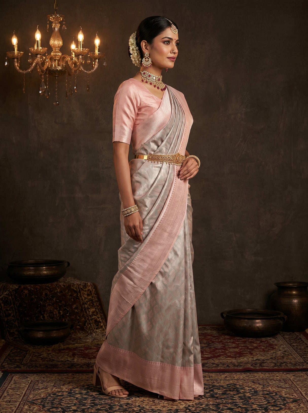 MIMOSA Grey Kanjivaram Art Silk Saree — close-up of face and jewellery