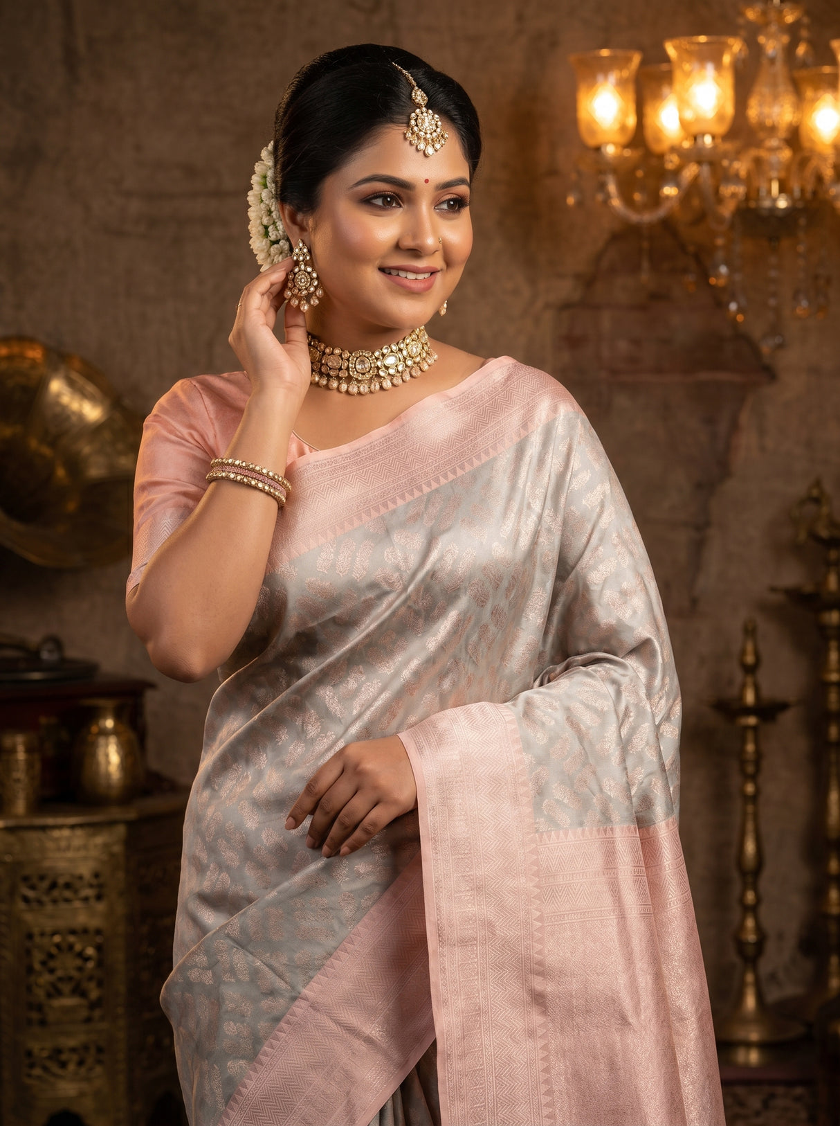 MIMOSA Grey Kanjivaram Art Silk Saree — side view showing hair and blouse sleeve