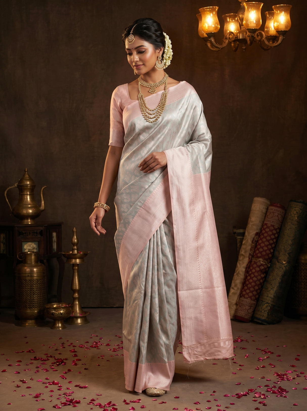 MIMOSA Grey Kanjivaram Art Silk Saree — mid-section showing drape and bangles