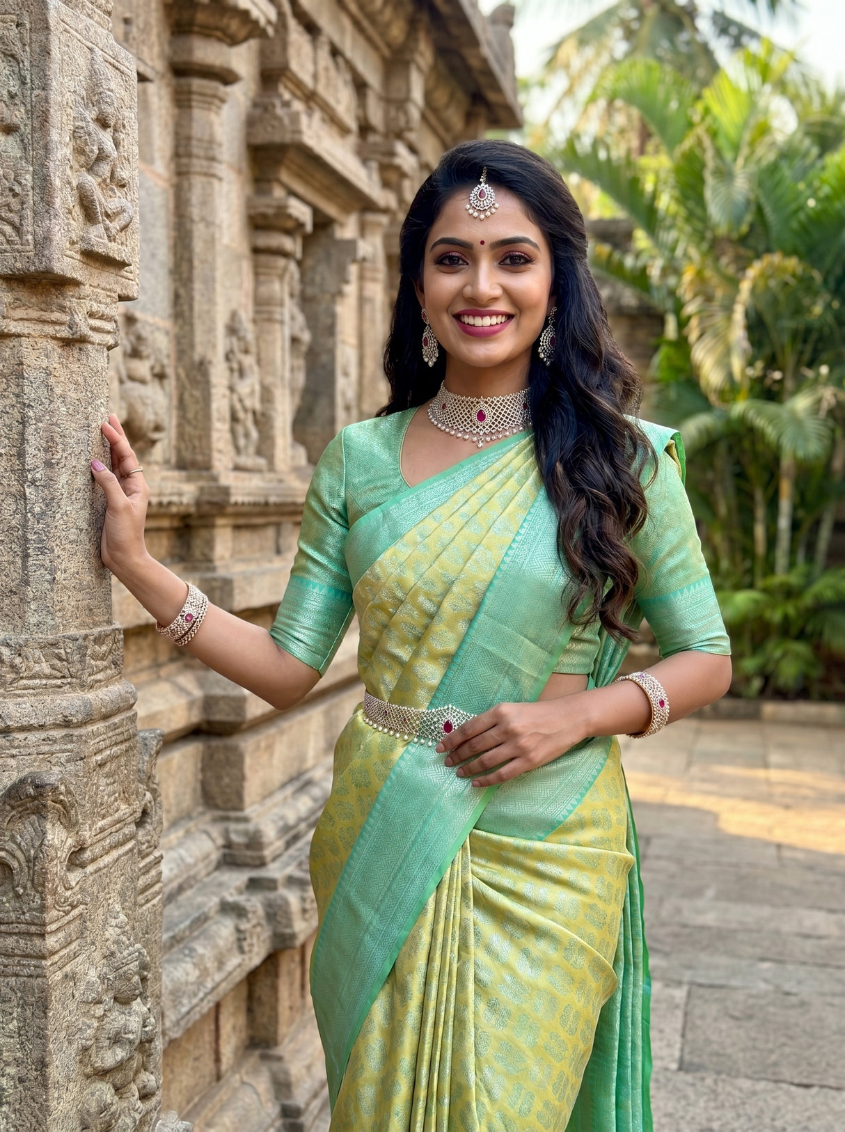 MIMOSA Olive Kanjivaram Art Silk Saree — side view showing hair and blouse sleeve