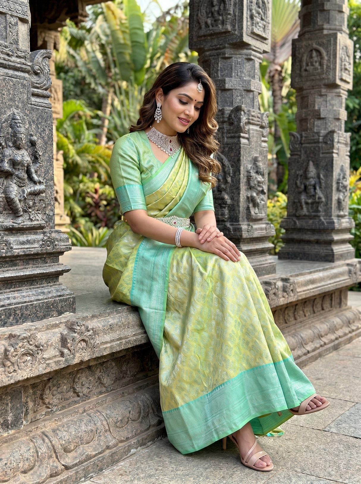 MIMOSA Olive Kanjivaram Art Silk Saree — mid-section showing drape and bangles
