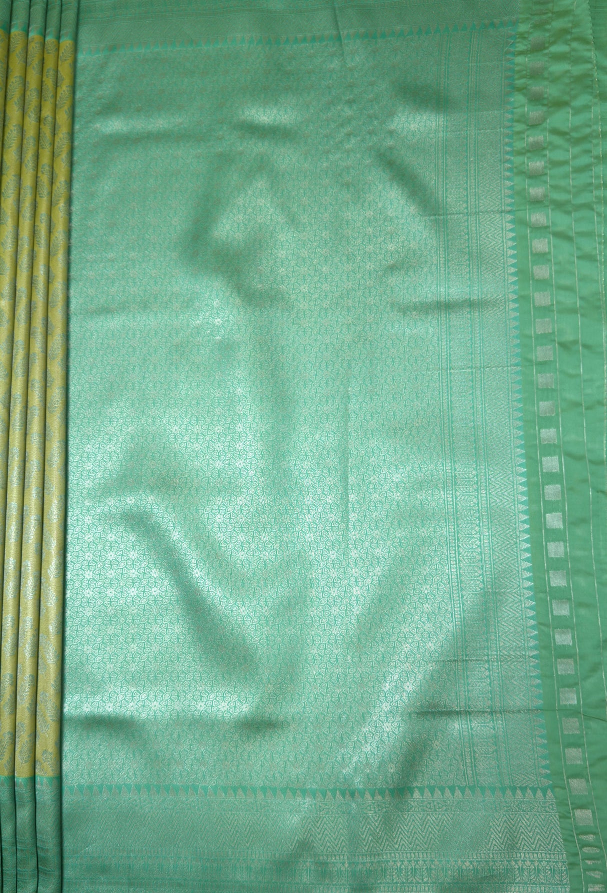 MIMOSA Olive Kanjivaram Art Silk Saree — pallu detail on model