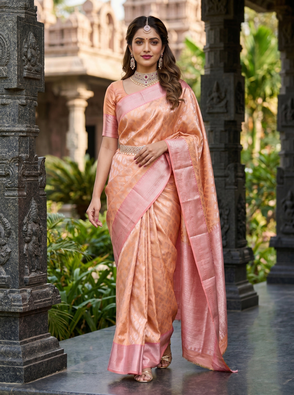 MIMOSA Peach Kanjivaram Art Silk Saree — close-up of blouse sleeve and bangles