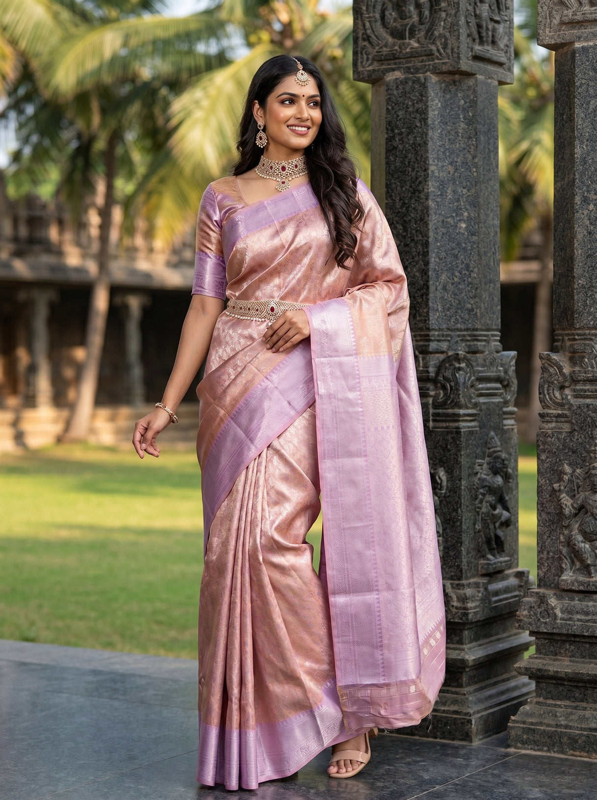 MIMOSA Pink Kanjivaram Art Silk Saree — full view on model
