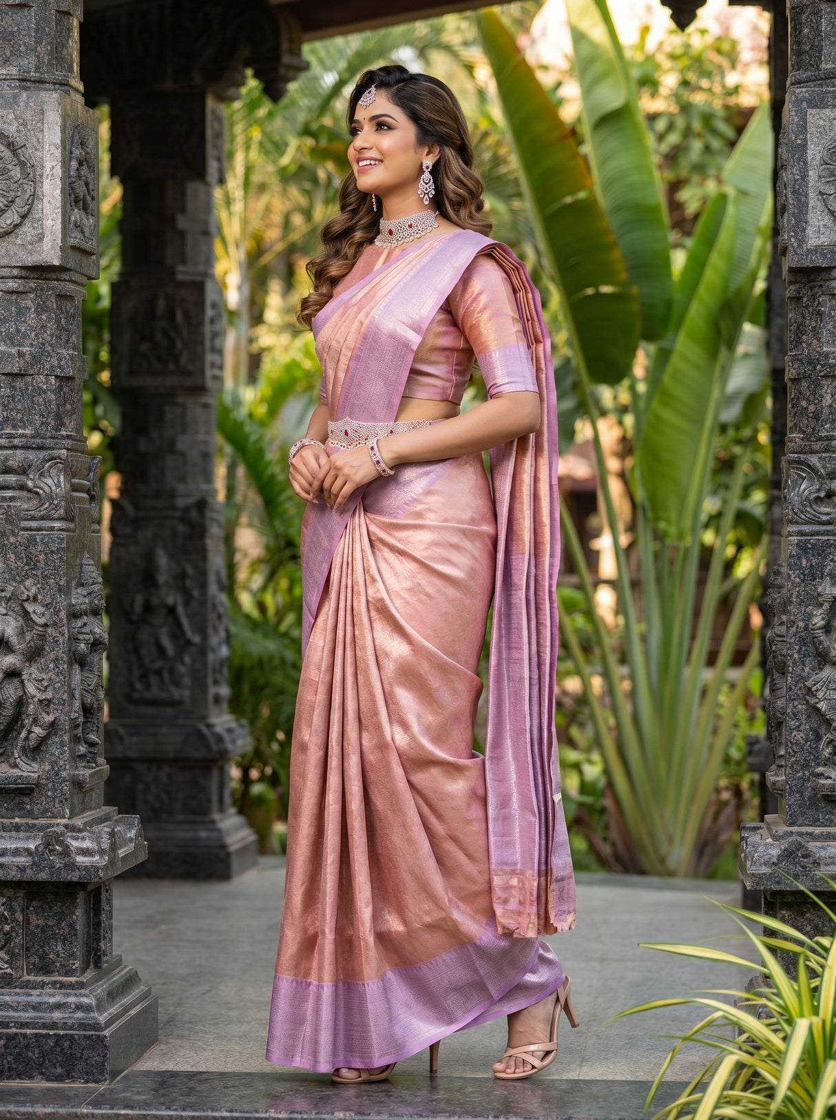 MIMOSA Pink Kanjivaram Art Silk Saree — side view showing hair and blouse sleeve