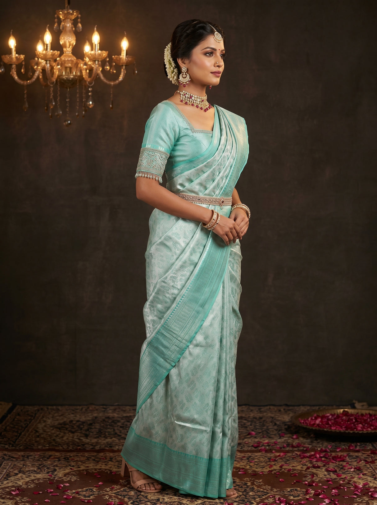 MIMOSA Rama Kanjivaram Art Silk Saree — side view showing hair and blouse sleeve