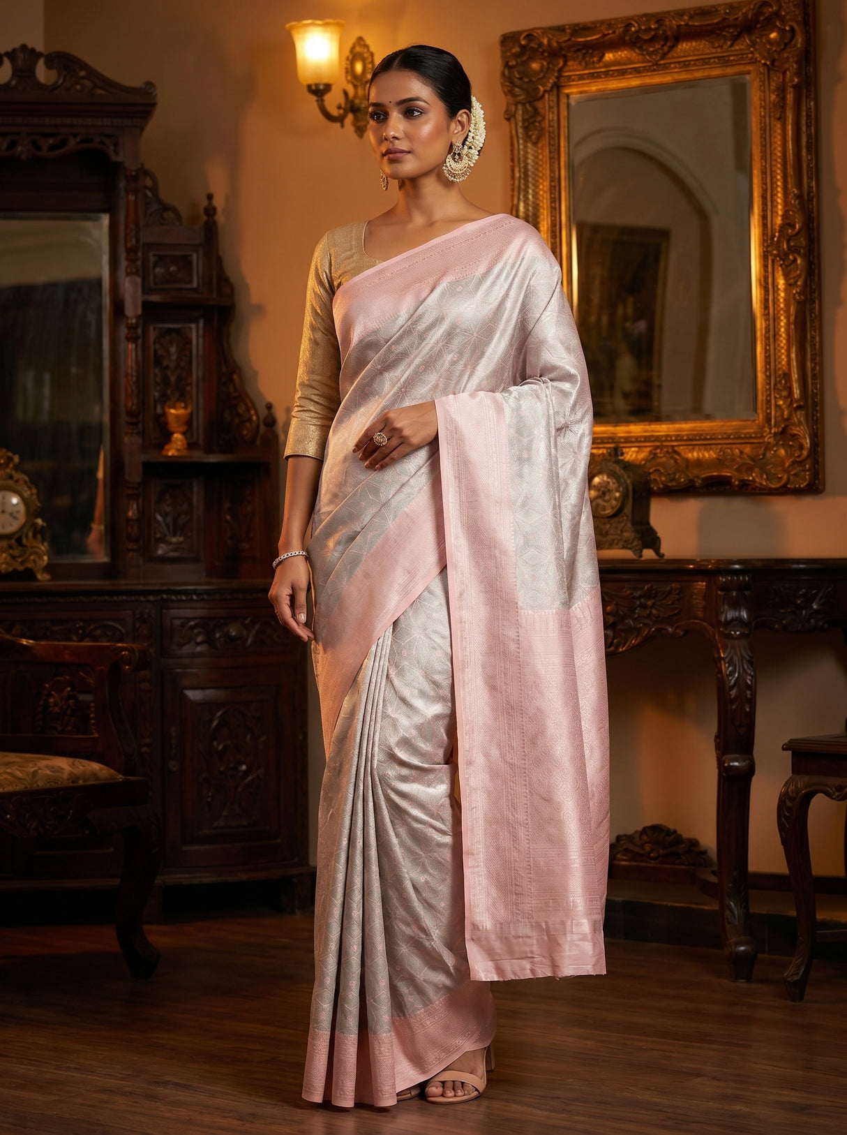 MIMOSA Grey Kanjivaram Art Silk Saree — full view