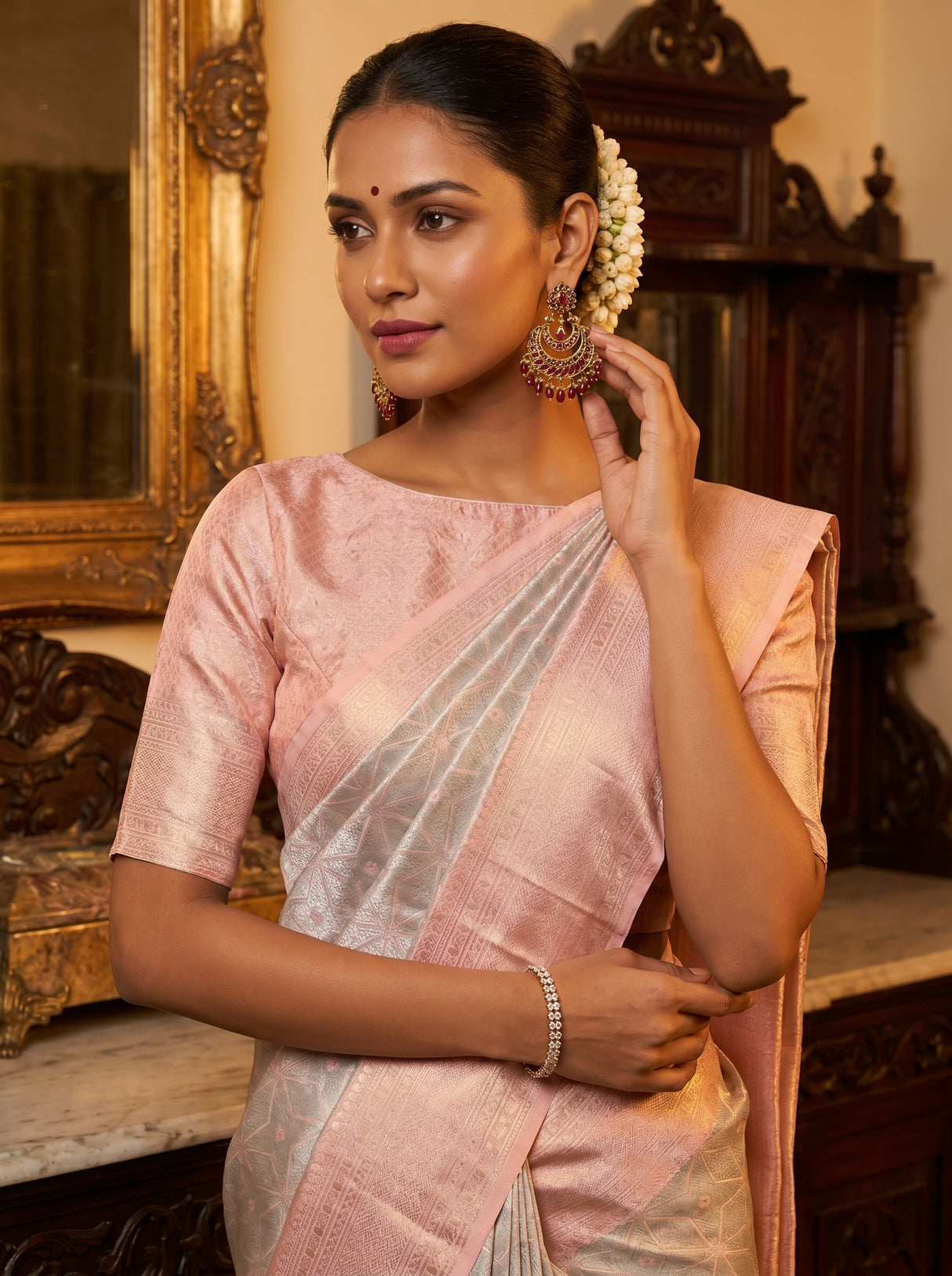 MIMOSA Grey Kanjivaram Art Silk Saree — pose 10 styling detail
