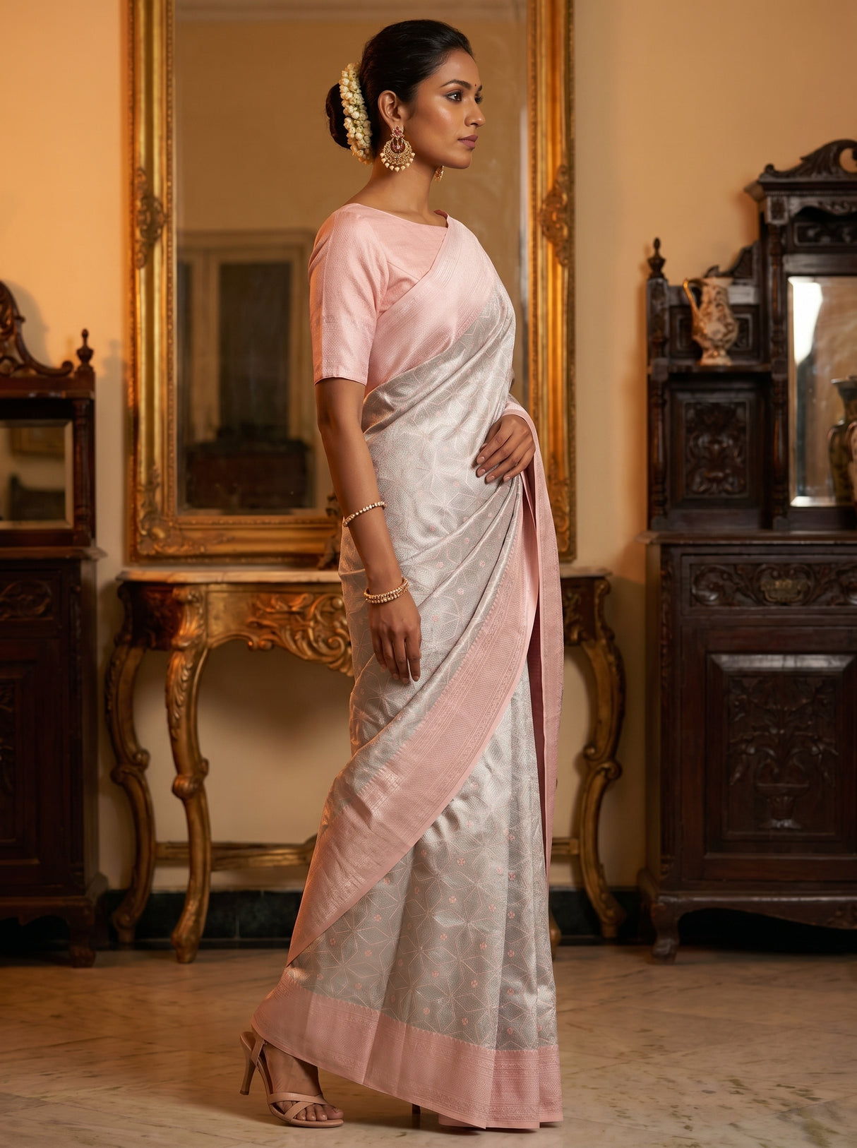 MIMOSA Grey Kanjivaram Art Silk Saree — detailed view of the border