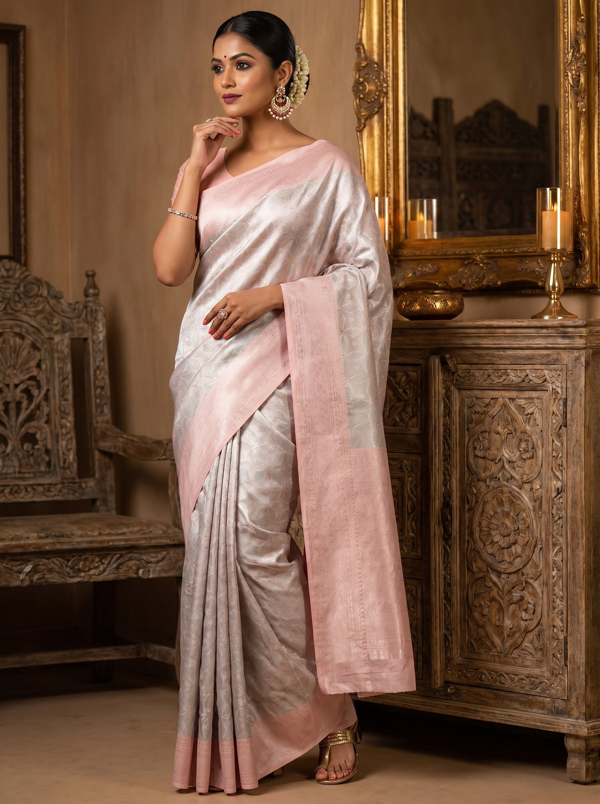MIMOSA Grey Kanjivaram Art Silk Saree — view of the saree drape and fabric