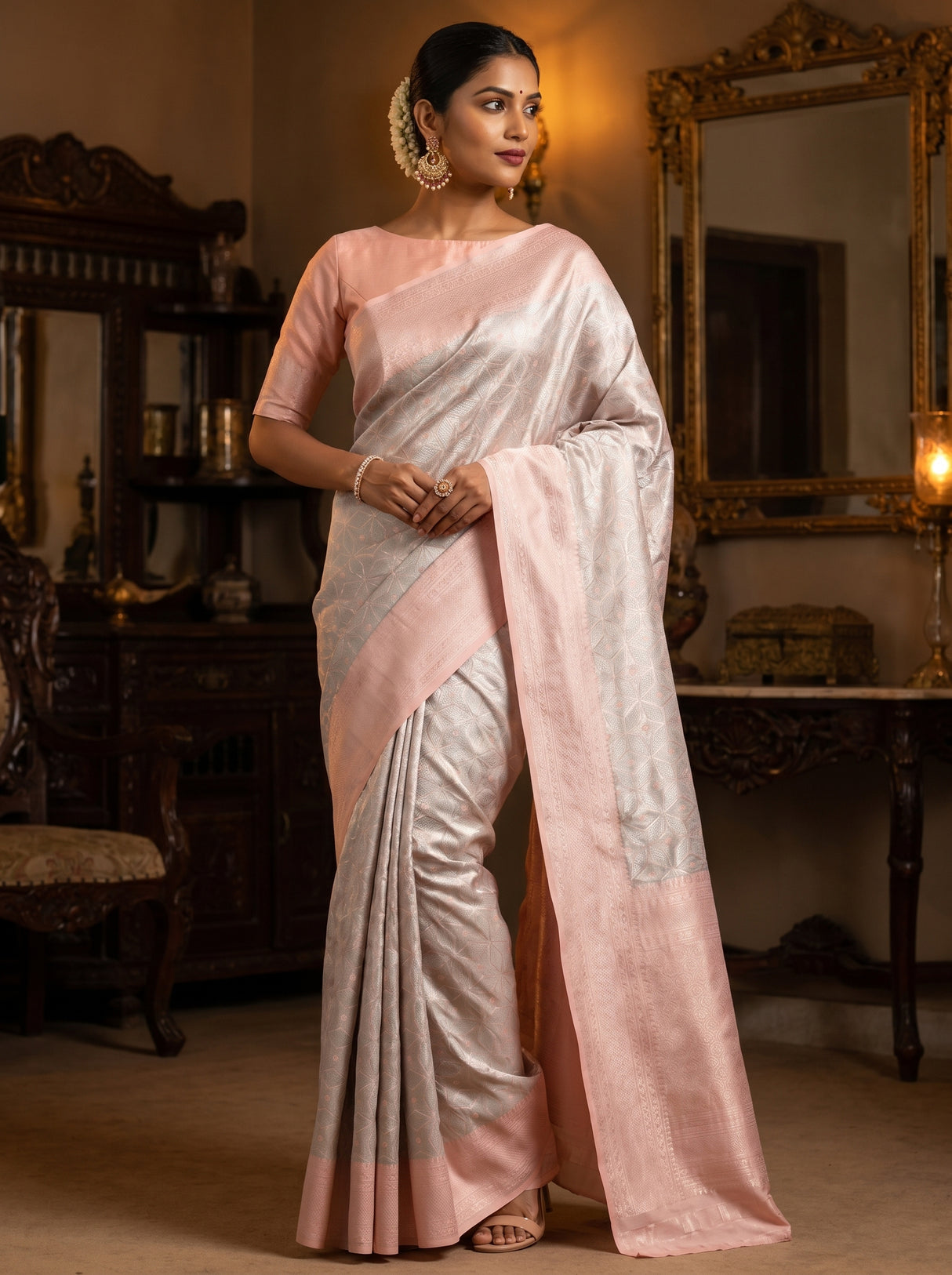 MIMOSA Grey Kanjivaram Art Silk Saree — lower drape and hem view