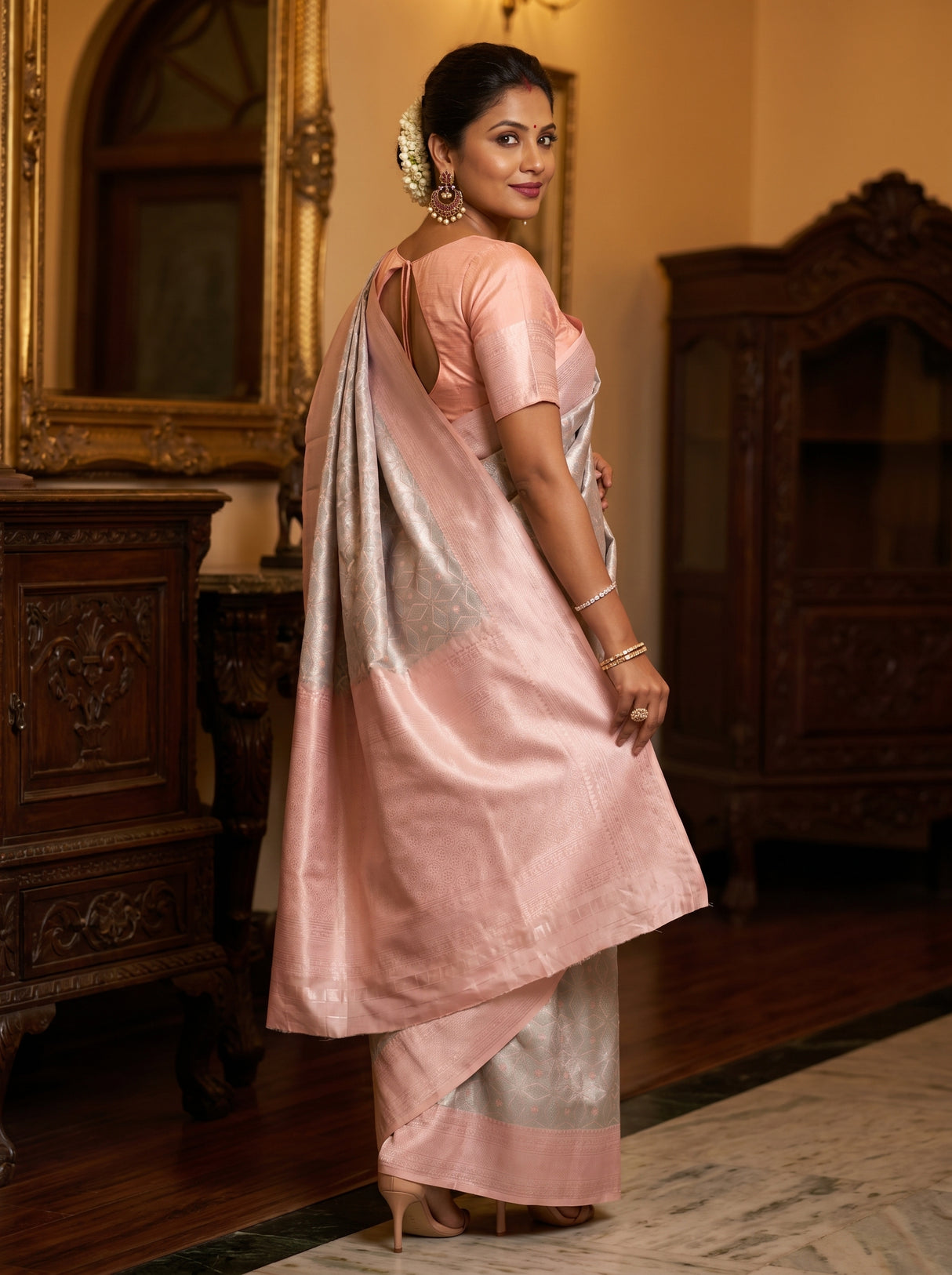 MIMOSA Grey Kanjivaram Art Silk Saree — pose 9 styling detail