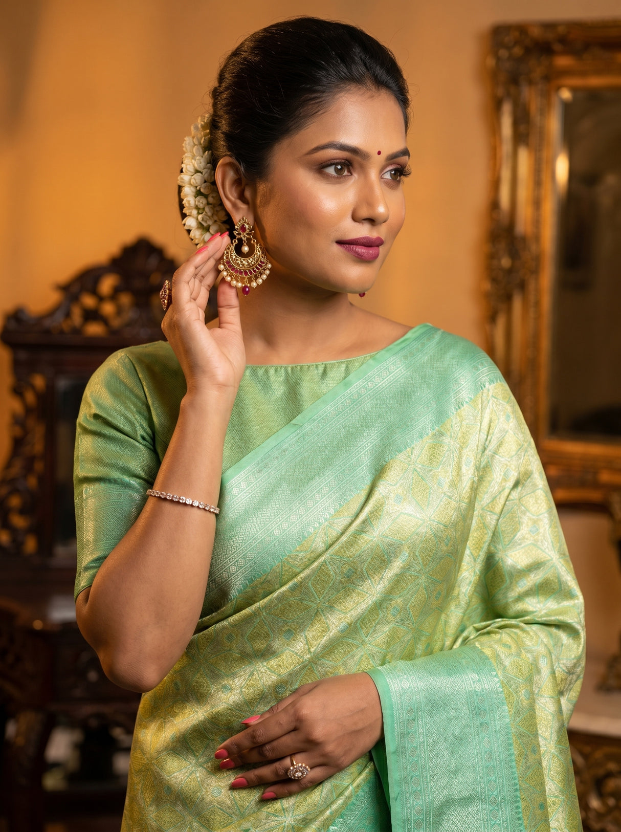 MIMOSA Olive Kanjivaram Art Silk Saree — pose 10 styling detail