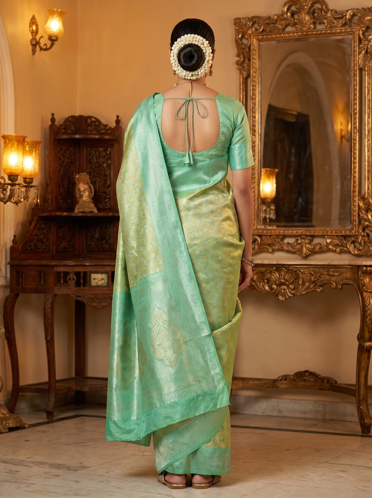 MIMOSA Olive Kanjivaram Art Silk Saree — close-up of the blouse and pallu